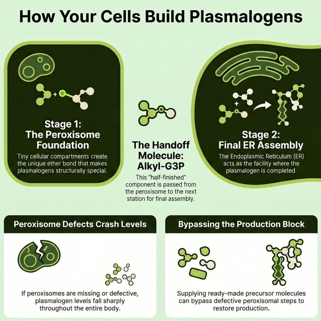 Infographic explaining plasmalogen synthesis in two stages: peroxisome foundation and final ER assembly, with notes on how peroxisome defects cause plasmalogen deficiency and how precursor molecules can restore production.