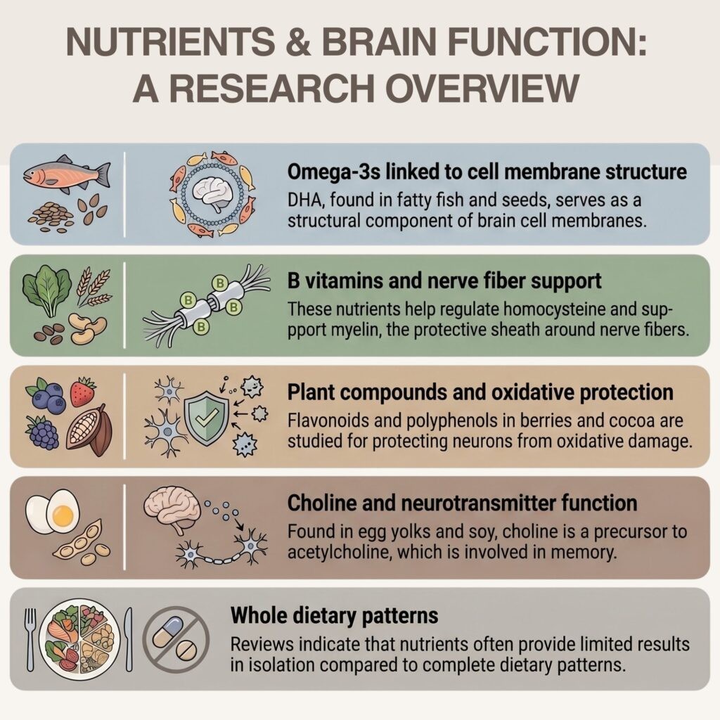 Infographic summarising key nutrients for brain health and their dietary sources.