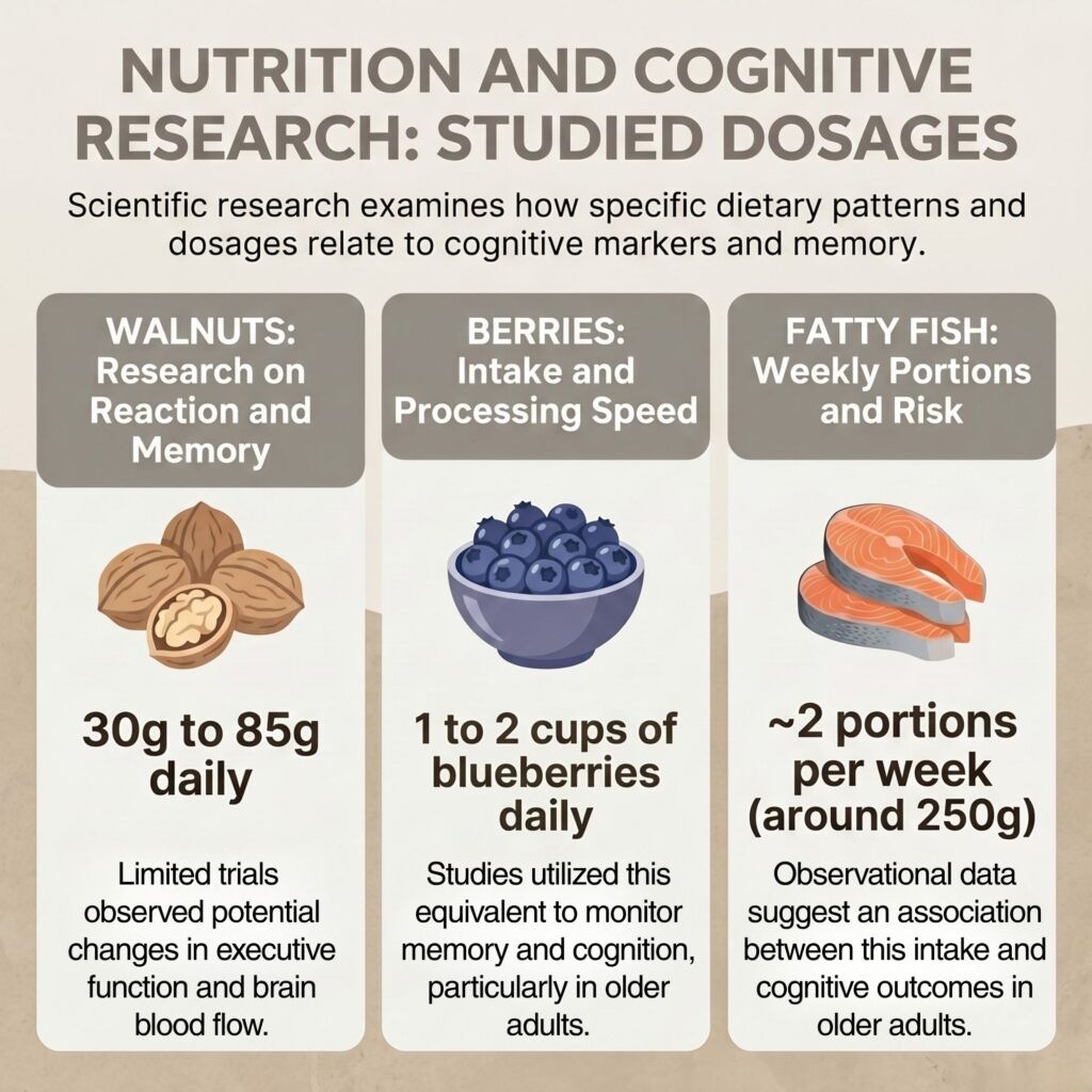 Infographic showing researched intake amounts for foods to eat for brain power, including walnuts, berries, and fatty fish.