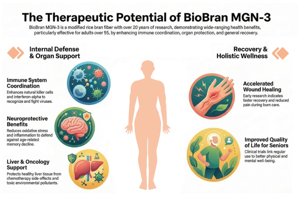 BioBran benefits infographic showing immunomodulator effects on immune coordination, brain health, liver support, wound healing and quality of life in older adults.
