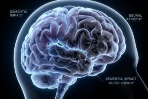 Scientific illustration of the human brain and neuron network representing plasmalogen dementia research.
