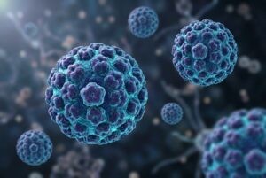 3D illustration of human papillomavirus particles showing the characteristic protein capsid structure.
