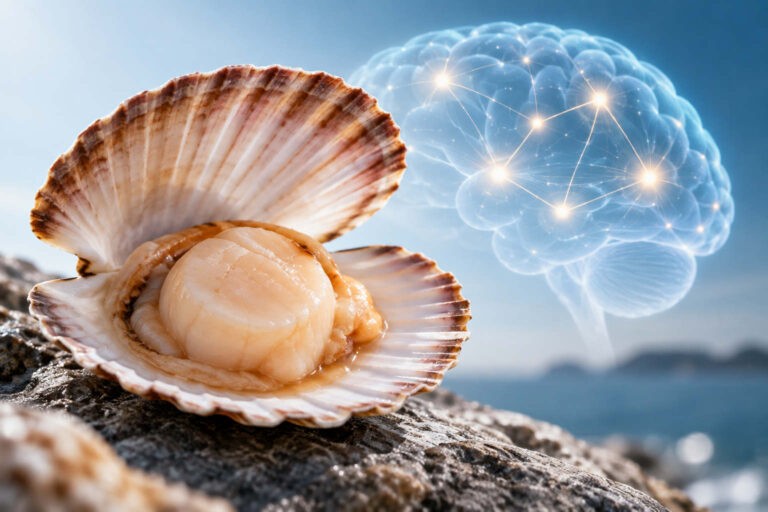 Open scallop shell beside a glowing brain graphic illustrating scallop plasmalogens and memory.