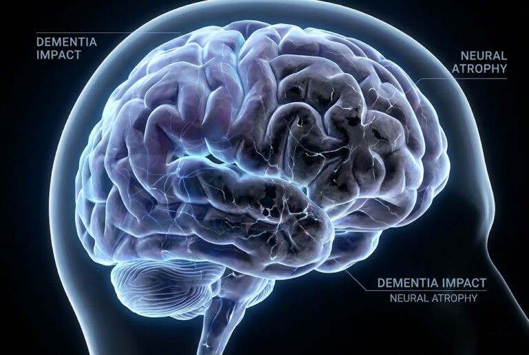 Scientific illustration of the human brain and neuron network representing plasmalogen dementia research.