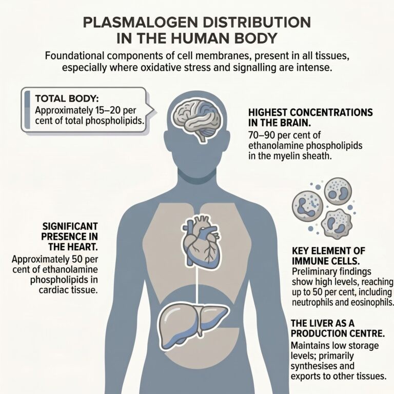 Infographic showing plasmalogen concentration across human tissues including brain, heart, immune cells and liver, with percentage data for ethanolamine phospholipids.