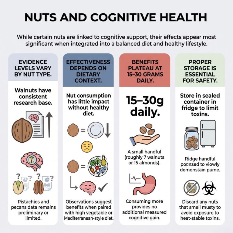 Infographic on nuts and cognitive health: evidence by nut type, diet context, daily portion 15&ndash;30g, storage safety.