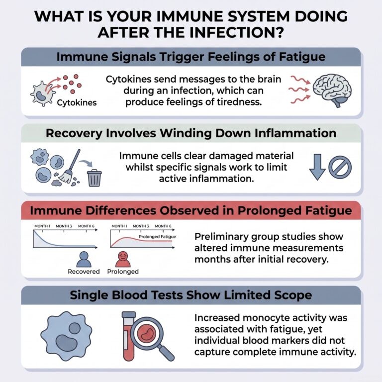 Infographic linking immune activity during and after infection with prolonged post-viral fatigue.
