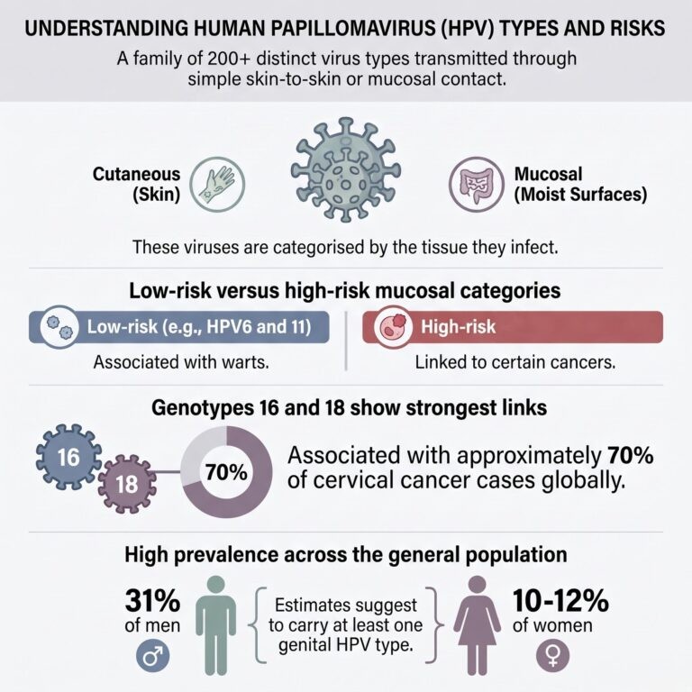 Infographic summarising human papillomavirus types and their link to warts and cervical cancer.