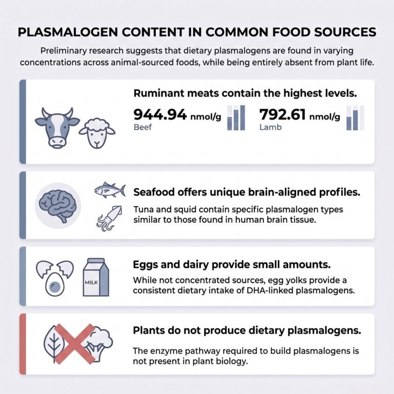 Infographic comparing plasmalogen levels across beef, lamb, tuna, squid, eggs, dairy and plant foods.