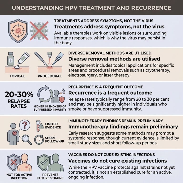 Infographic summarising human papillomavirus treatment options, recurrence rates, and why no cure for human papillomavirus exists.