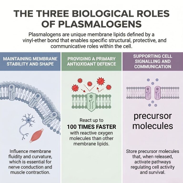 Infographic showing plasmalogen function in cell membranes, covering membrane architecture, oxidative reactivity, and signalling pathways.