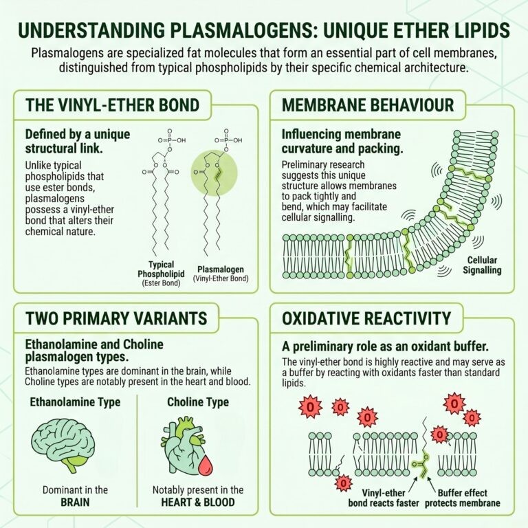 Infographic explaining plasmalogen definition, the vinyl-ether bond, ethanolamine and choline plasmalogen types, membrane behaviour, and oxidative reactivity.